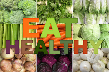 collage of vegetables with word eat healthy