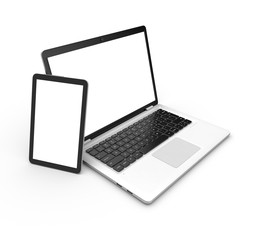 Modern laptop, tablet and smartphone isolated on white. 