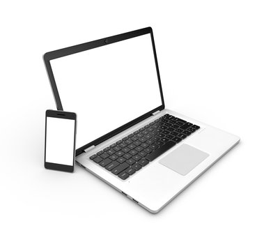 Modern laptop, tablet and smartphone isolated on white. 