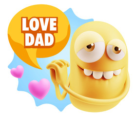  3d Rendering. Emoji in love with hearts shapes saying Love Dad