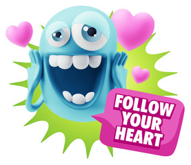 3d Rendering. Love Emoticon Face with hands on cheeks saying Fol