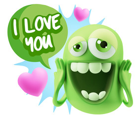 3d Rendering. Love Emoticon Face with hands on cheeks saying I L