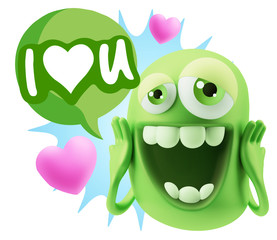 3d Rendering. Love Emoticon Face with hands on cheeks saying I L