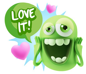 3d Rendering. Love Emoticon Face with hands on cheeks saying Lov