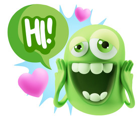 3d Rendering. Love Emoticon Face with hands on cheeks saying Hi