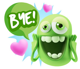 3d Rendering. Love Emoticon Face with hands on cheeks saying Bye