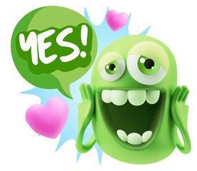 3d Rendering. Love Emoticon Face with hands on cheeks saying Yes