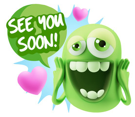 3d Rendering. Love Emoticon Face with hands on cheeks saying See