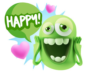 3d Rendering. Love Emoticon Face with hands on cheeks saying Hap