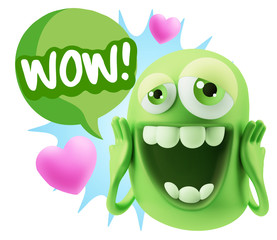 3d Rendering. Love Emoticon Face with hands on cheeks saying Wow