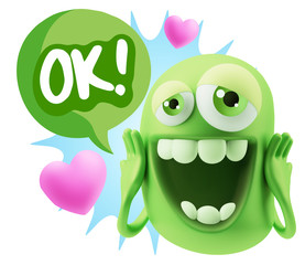 3d Rendering. Love Emoticon Face with hands on cheeks saying Ok