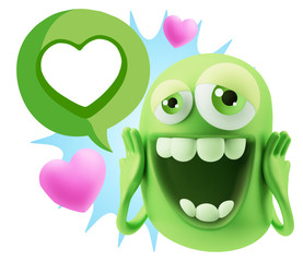 3d Rendering. Love Emoticon Face with hands on cheeks saying Lov