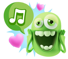 3d Rendering. Love Emoticon Face with hands on cheeks saying Mus