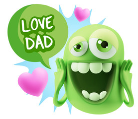 3d Rendering. Love Emoticon Face with hands on cheeks saying Lov