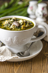 Soup with mushrooms paste offal carrots and herbs  