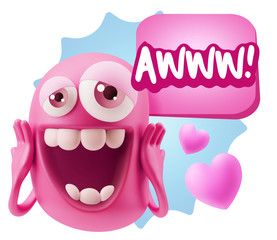 3d Rendering. Love Emoticon Face with hands on cheeks saying Aww