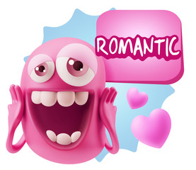 3d Rendering. Love Emoticon Face with hands on cheeks saying Rom