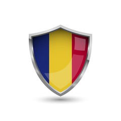 Fototapeta premium National flag of Romania. Flag on the metal shield with glare.