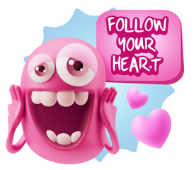 3d Rendering. Love Emoticon Face with hands on cheeks saying Fol