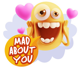 3d Rendering. Love Emoticon Face with hands on cheeks saying Mad