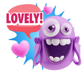 3d Rendering. Love Emoticon Face with hands on cheeks saying Lov