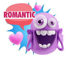 3d Rendering. Love Emoticon Face with hands on cheeks saying Rom