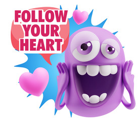 3d Rendering. Love Emoticon Face with hands on cheeks saying Fol