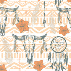 Boho seamless pattern with dreamcatchers and arrows