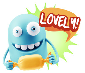 3d Rendering. Candy Gift Emoticon Face saying Lovely with Colorf