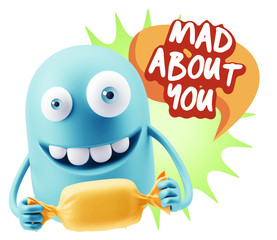 3d Rendering. Candy Gift Emoticon Face saying Mad About You with