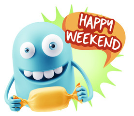 3d Rendering. Candy Gift Emoticon Face saying Happy Weekend with