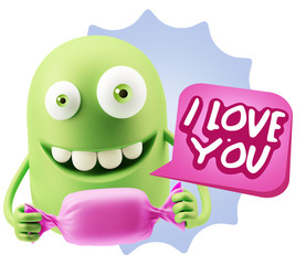 3d Rendering. Candy Gift Emoticon Face saying I Love You with Co