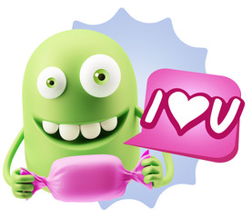 3d Rendering. Candy Gift Emoticon Face saying I Love U with Colo