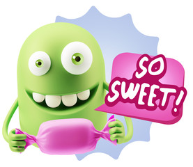 3d Rendering. Candy Gift Emoticon Face saying So Sweet with Colo