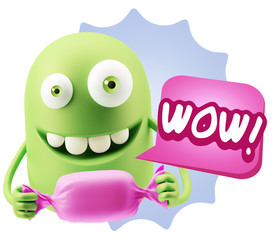 3d Rendering. Candy Gift Emoticon Face saying Wow with Colorful