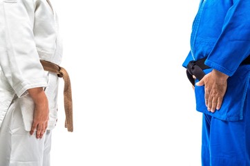 Standing bow of female judo brown belt to her sensei black belt