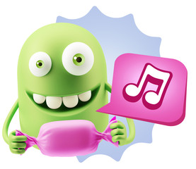 3d Rendering. Candy Gift Emoticon Face saying Music Symbol with