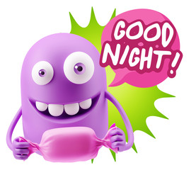 3d Rendering. Candy Gift Emoticon Face saying Good Night with Co
