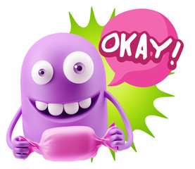 3d Rendering. Candy Gift Emoticon Face saying Okay with Colorful