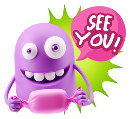 3d Rendering. Candy Gift Emoticon Face saying See You with Color