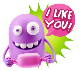 3d Rendering. Candy Gift Emoticon Face saying I Like You with Co