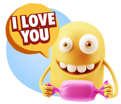 3d Rendering. Candy Gift Emoticon Face saying I Love You with Co