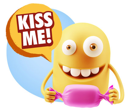 3d Rendering. Candy Gift Emoticon Face saying Kiss Me with Color
