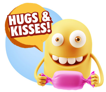 3d Rendering. Candy Gift Emoticon Face saying Hugs And Kisses wi