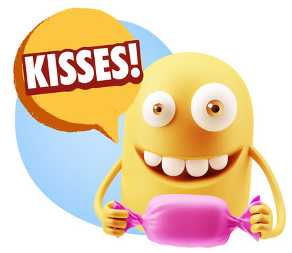 3d Rendering. Candy Gift Emoticon Face saying Kisses with Colorf