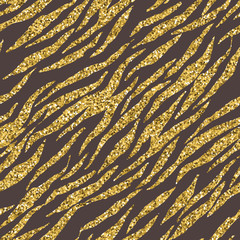Abstract gold glitter animal print white seamless pattern. Zebra, tiger stripes, lines. Striped repeating background texture.