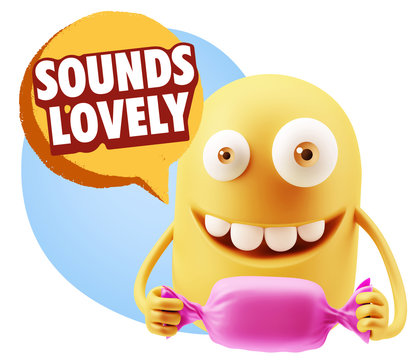 3d Rendering. Candy Gift Emoticon Face saying Sounds Lovely with