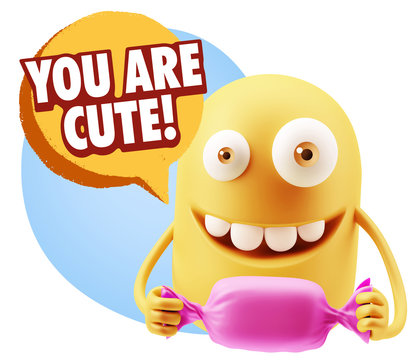 3d Rendering. Candy Gift Emoticon Face saying You Are Cute with
