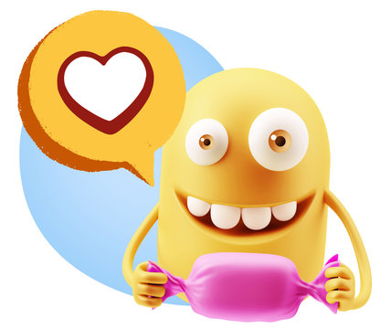 3d Rendering. Candy Gift Emoticon Face saying Love with a Heart