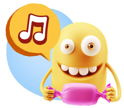 3d Rendering. Candy Gift Emoticon Face saying Music Symbol with